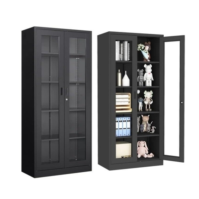 Modern Style Steel and Wood Lockable File Cabinet with Adjustable Bookshelf Glass Display for Home or Office Use