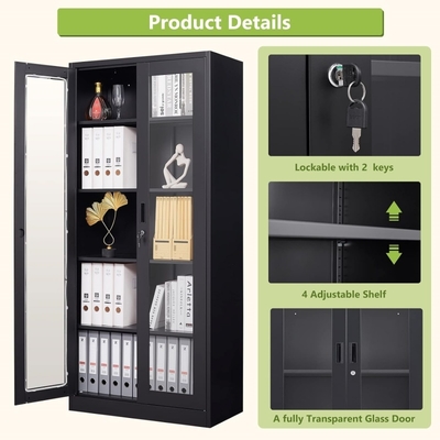 Modern Style Steel and Wood Lockable File Cabinet with Adjustable Bookshelf Glass Display for Home or Office Use