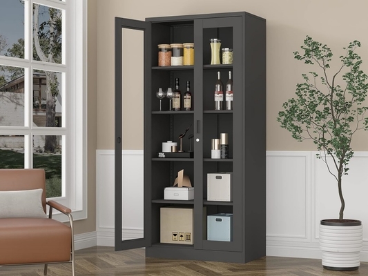Modern Style Steel and Wood Lockable File Cabinet with Adjustable Bookshelf Glass Display for Home or Office Use