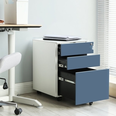 White Blue Metal Rolling Vertical Pedestal File 39cm Wide 3-Drawer Steel Cabinet Lockable Office Mobile Home School Home Office