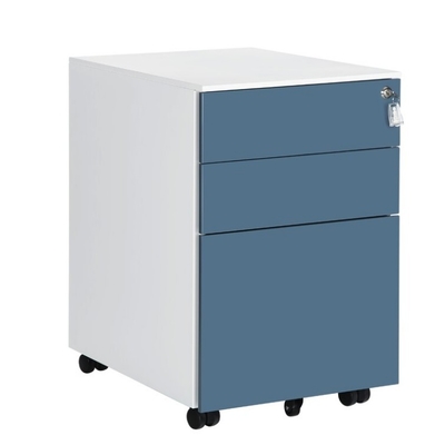 White Blue Metal Rolling Vertical Pedestal File 39cm Wide 3-Drawer Steel Cabinet Lockable Office Mobile Home School Home Office