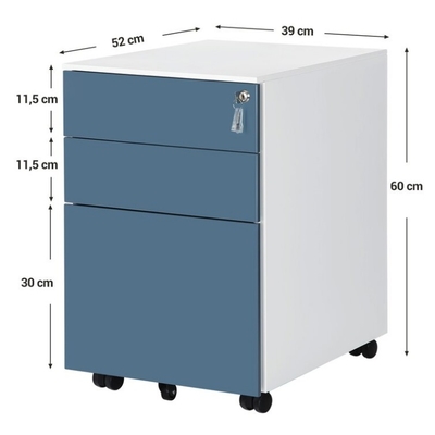 White Blue Metal Rolling Vertical Pedestal File 39cm Wide 3-Drawer Steel Cabinet Lockable Office Mobile Home School Home Office