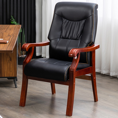 Basics Conference Wooden Task Desk Armrests Meeting Chair with Black Faux Leather Padded High-Back Training Chair for Office