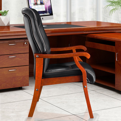 Basics Conference Wooden Task Desk Armrests Meeting Chair with Black Faux Leather Padded High-Back Training Chair for Office