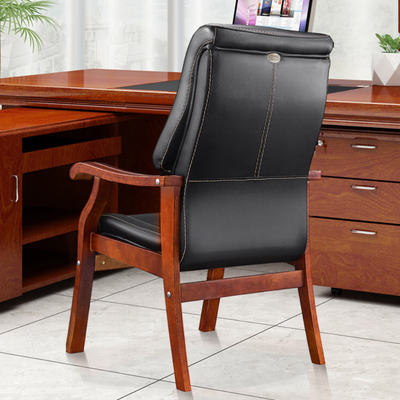Basics Conference Wooden Task Desk Armrests Meeting Chair with Black Faux Leather Padded High-Back Training Chair for Office