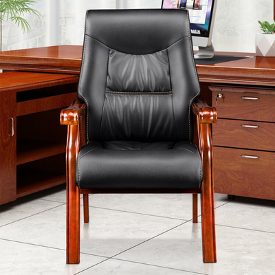 Basics Conference Wooden Task Desk Armrests Meeting Chair with Black Faux Leather Padded High-Back Training Chair for Office