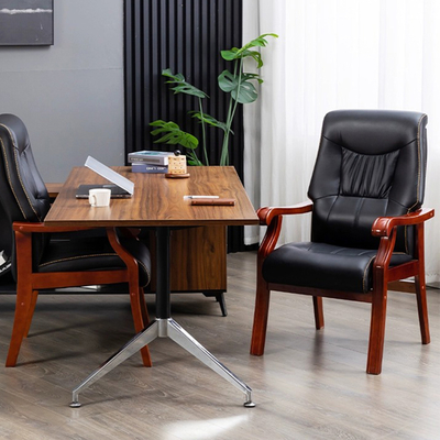 Basics Conference Wooden Task Desk Armrests Meeting Chair with Black Faux Leather Padded High-Back Training Chair for Office