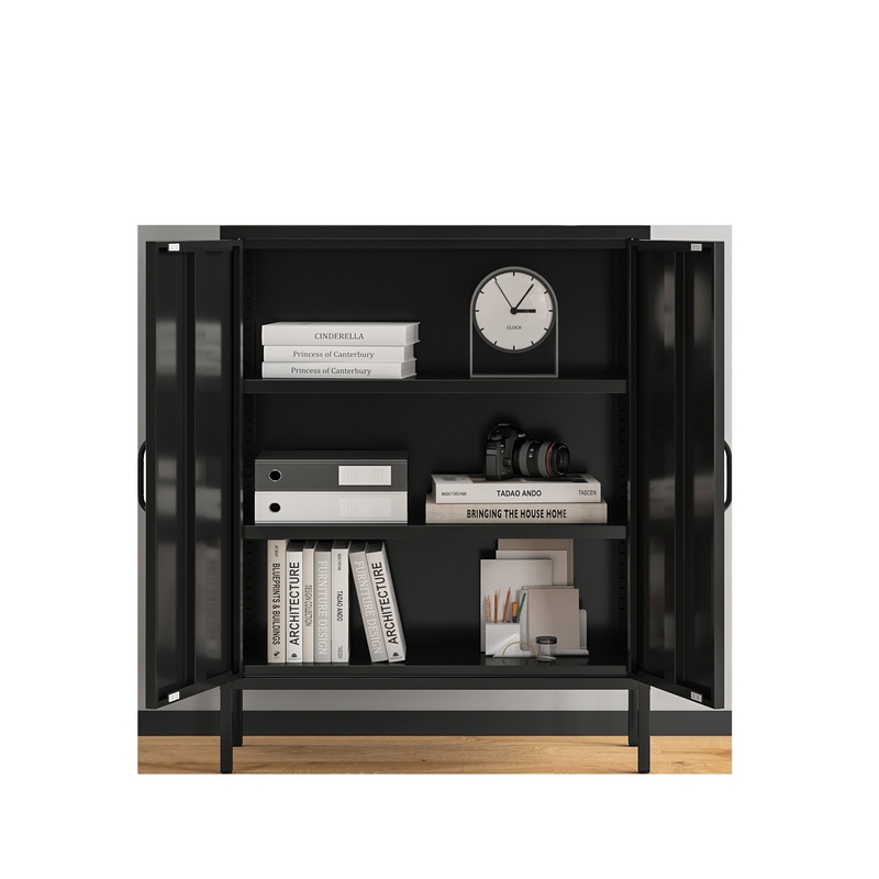Modern Black Mesh Door Metal Sideboard Cabinet Moisture-Proof Dining Room Side Table Storage Kitchen Living Room Home Furniture
